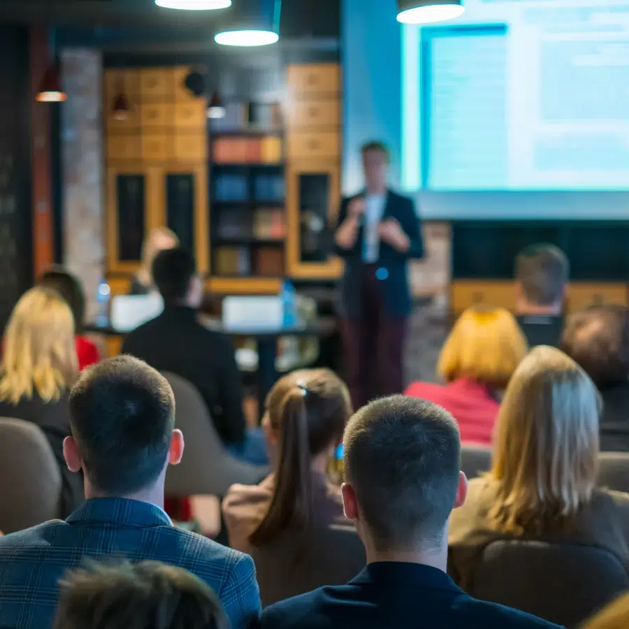 Conférence avec public attentif et présentateur flou.
